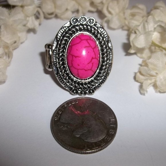 Pink and Silver Adjustable Ring Stretch Size Barbiecore Style Statement A950 - Picture 2 of 6